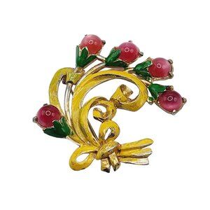 Vintage Signed Coro With Pat Number Acrylic Moon Glow & Enamel Brooch (A2567)